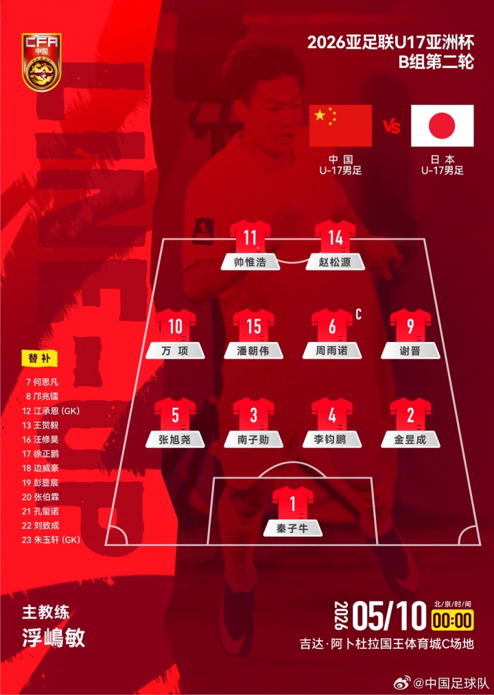 FB体育-U17亚洲杯B组第二轮，中国U-17男足对阵日本U-17男足，首发公布